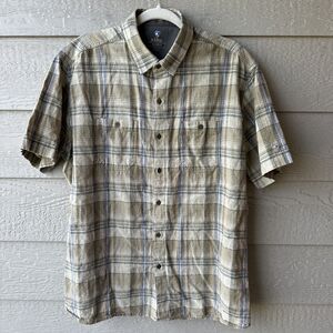 Kuhl Shirt Mens XL Brown Plaid Skorpio Linen Blend Hiking Camp Outdoors 7218